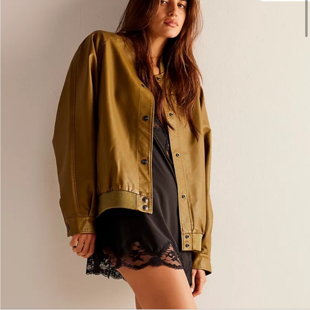 We The Free Free People Olive Green Vegan Leather Jacket with Pink interior XS